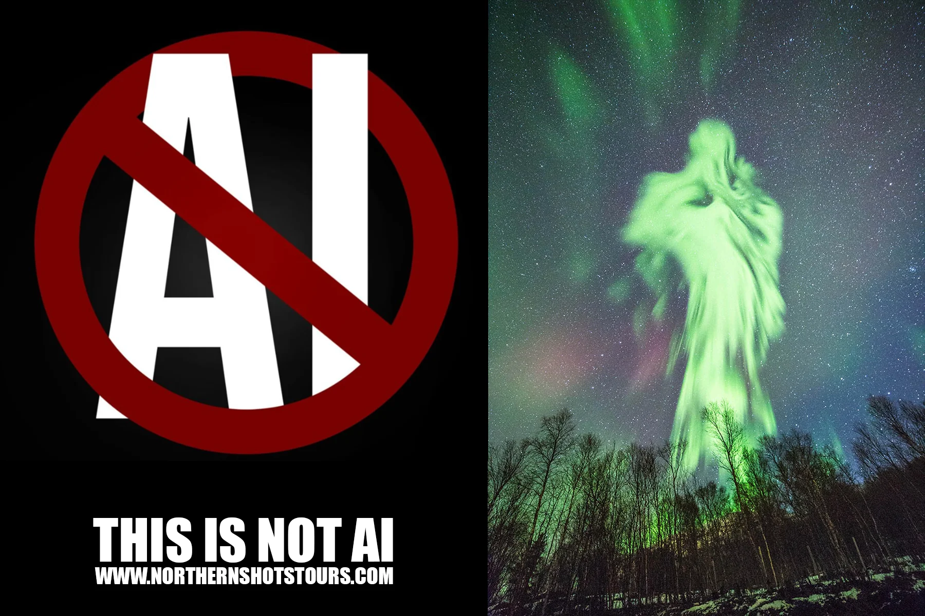 wo-part image: left, the letters 'AI' with a red cross and accompanying text 'This is not AI' and a URL; right, Northern Lights forming an angel-like shape over Tromsø at night.