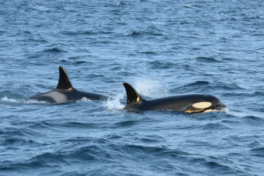 Close-up of two orcas swimming side by side in the ocean in Northern Norway.